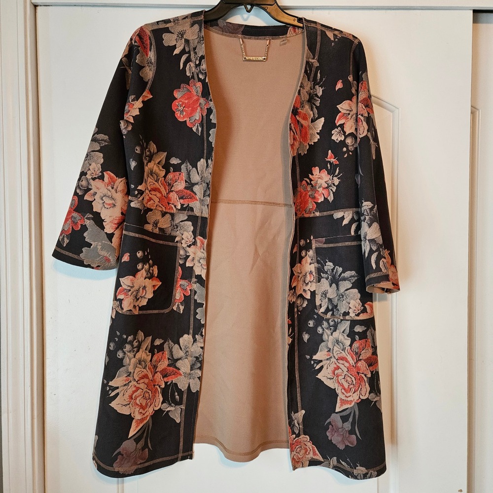 T Tahari Kimono Jacket Womens Medium Faux Leather Floral Orange Vegan Open Fall‎